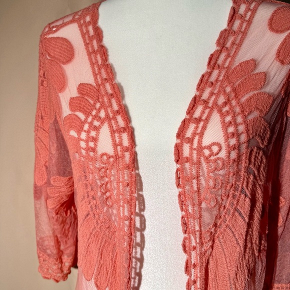 Rebellion Again Coral Pink Sheer Lace Maxi Duster Cardigan - Medium - NWT - Picture 9 of 11